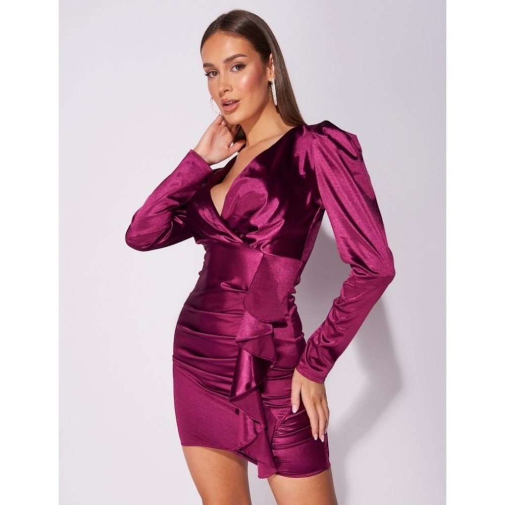 Purple Satin Silk Long Sleeve V-Neck Bodycon Mini Dress - Picture 3 of 12